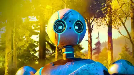 A vibrant HD PC Desktop Wallpaper featuring a robot from The Wild Robot, standing amidst a lush forest backdrop, blending nature and technology harmoniously.