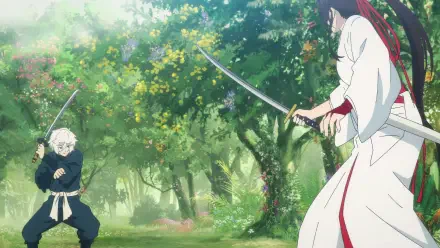 Anime-inspired 4K Ultra HD wallpaper featuring Gabimaru and Yamada Asaemon Sagiri in a tense sword duel amidst a vibrant, lush forest backdrop.