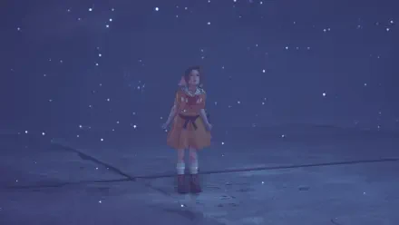 A HD wallpaper featuring Aerith Gainsborough from Final Fantasy VII Remake, standing serenely against a starry night background, evoking a sense of wonder and tranquility.