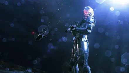 A stunning HD wallpaper featuring Raiden from Metal Gear Solid V: Ground Zeroes, showcasing his futuristic design against a dramatic backdrop with a helicopter in the background.