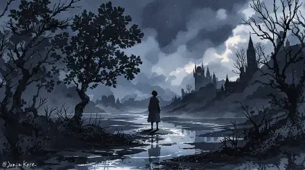 A serene 4K Ultra HD desktop wallpaper featuring a figure standing by a misty river, silhouetted against a dark, atmospheric landscape with distant castles and a dramatic sky.