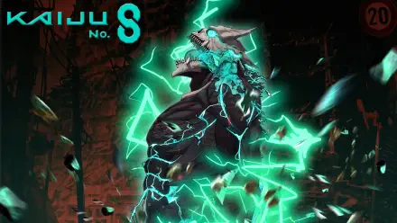 HD PC desktop wallpaper of Kaiju No. 8 anime, showing Hibino Kafka mid-transformation into a neon-teal, electrified kaiju amid a shattered city backdrop.