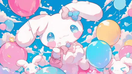 A charming Cinnamoroll from Sanrio holds colorful balloons against a bright blue sky, creating a cheerful, whimsical atmosphere in this HD anime wallpaper.