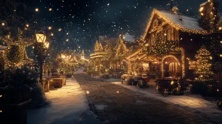 A charming Christmas town scene, glowing with festive lights and snowflakes, captured in stunning 4K Ultra HD, creating a magical winter atmosphere.