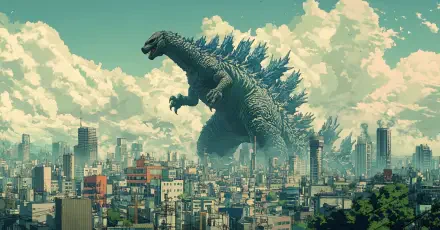 A striking HD desktop wallpaper featuring Godzilla towering over a bustling cityscape, surrounded by dramatic clouds and showcasing an epic, cinematic atmosphere.