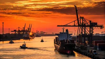 A vibrant sunset over a busy port, featuring silhouetted cranes and ships navigating the water, captured in stunning 4K Ultra HD, perfect for a desktop wallpaper.