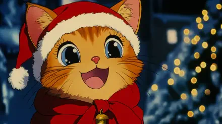 A cheerful cat wearing a red Santa hat and scarf, set against a backdrop of twinkling Christmas lights, serves as a delightful 4K Ultra HD wallpaper.