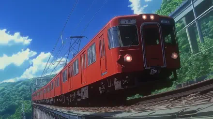 A vibrant anime train speeds along tracks surrounded by lush greenery, set against a bright blue sky, captured in stunning 4K Ultra HD for a striking desktop wallpaper.