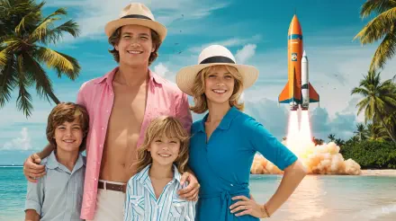 A joyful family poses on a tropical beach, wearing summer attire and hats, with a colorful rocket launching in the background; a vibrant summer vacation scene in 4K Ultra HD.