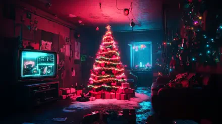 A retro-inspired Christmas scene featuring a brightly lit tree surrounded by presents, with vibrant neon colors enhancing the festive atmosphere, designed as a 4K Ultra HD desktop wallpaper.