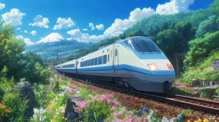 A stunning anime train travels along vibrant tracks, surrounded by lush greenery and blooming flowers, with a majestic mountain backdrop under a bright blue sky. 4K Ultra HD resolution.