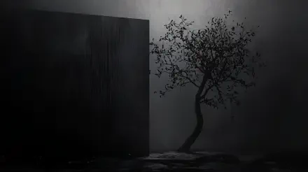 A dark minimalist scene featuring a stark black cube and a solitary tree, set against a moody background, designed as a 4K Ultra HD PC desktop wallpaper and background.
