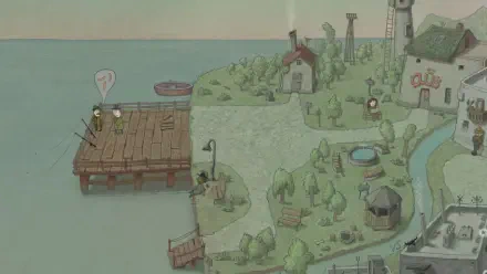 A whimsical HD PC desktop wallpaper depicting a serene landscape with a wooden pier, small boats, houses, and lush greenery, inspired by video game art and storytelling.