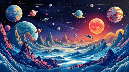 A stunning sci-fi planet scene featuring vibrant planets, mountains, and clouds, rendered in 4K Ultra HD for an immersive desktop wallpaper experience.