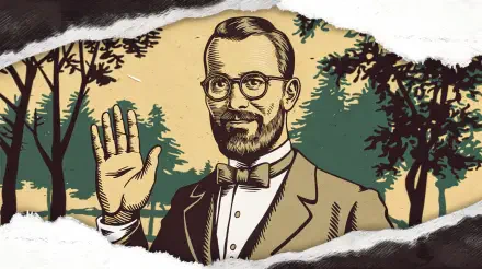 A vintage illustration of a bearded man in a suit waving, surrounded by trees, presented as a 4K Ultra HD desktop wallpaper and background.