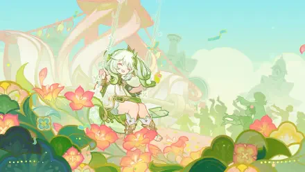 Nahida from Genshin Impact sits among vibrant flowers in a bright, detailed 4K Ultra HD desktop wallpaper inspired by the video game.