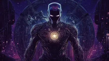 A striking HD wallpaper featuring Iron Man, showcasing his iconic armor with a glowing arc reactor against a cosmic background, enhanced by detailed comic-style art.