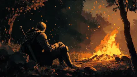 A knight in armor rests beside a crackling fire, surrounded by flickering flames and falling leaves, captured in a captivating HD wallpaper scene.