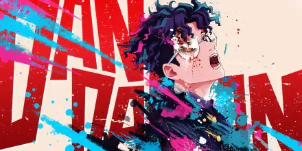 4K Ultra HD anime wallpaper featuring an intense anime boy from Dandadan, blending vibrant colors and dynamic splashes with Ken Takakura-inspired style.