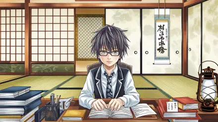 A young student with glasses sits at a desk filled with books, studying in a traditional room. This 4K Ultra HD wallpaper captures a serene academic atmosphere.