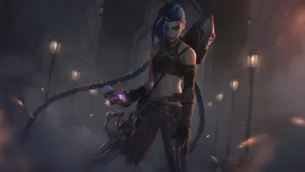 Jinx from *Arcane* stands confidently in a dark, misty setting, holding a weapon, showcasing the intense atmosphere of *Arcane* Season 2 in stunning 8K Ultra HD.