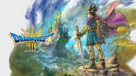 A vibrant HD desktop wallpaper featuring artwork from Dragon Quest III HD-2D Remake, showcasing a hero standing confidently with sword and shield against a fantastical landscape.