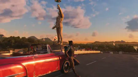 A stunning 4K Ultra HD wallpaper from Far Cry 6, featuring a character beside a red car and a statue against a vibrant sunset sky, capturing the essence of the game’s rich visuals.