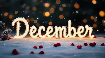 A glowing December stands out against a snowy background, surrounded by scattered rose petals and shimmering bokeh lights, creating a festive winter atmosphere in 4K Ultra HD.