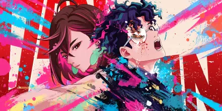 Vibrant 4K Ultra HD anime wallpaper featuring Momo Ayase and Ken Takakura from Dandadan, showcasing dynamic action with bold colors and intense expressions.