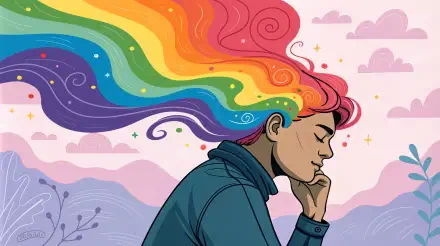 A thoughtful person with colorful, flowing rainbow hair gazes into the distance, set against a whimsical background, capturing a moment of reflection and creativity in this 4K Ultra HD wallpaper.
