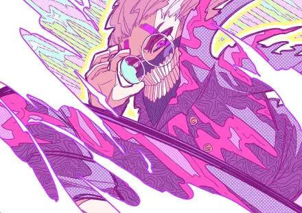 Vibrant 4K Ultra HD anime-style wallpaper featuring a dynamic, stylized character inspired by Dandadan and Ken Takakura with bold pink and purple tones.