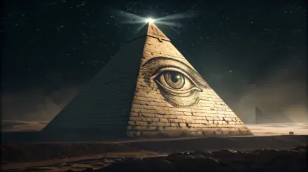 A stunning 4K Ultra HD wallpaper featuring a mysterious pyramid with an eye, emblematic of the Illuminati, illuminated under a starry sky. Perfect for a captivating desktop background.