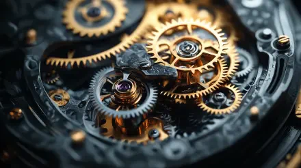 Close-up of an intricate clockwork mechanism featuring golden gears and a dark background, presented as a stunning 4K Ultra HD PC desktop wallpaper and background.