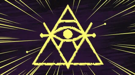 A striking illustration featuring the Illuminati symbol with a central eye, set against a vibrant purple background with dynamic yellow rays, designed as a 4K Ultra HD desktop wallpaper.