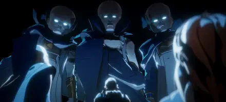 A dramatic scene from the TV show *What If...*, featuring three mysterious figures with glowing eyes, creating an intriguing and atmospheric HD desktop wallpaper.