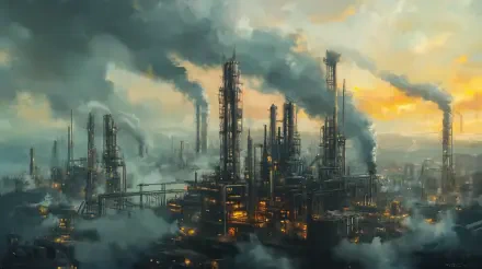 A dramatic industrial landscape featuring towering factories emitting smoke into a cloudy sky, illustrating themes of pollution. This scene is captured in stunning 4K Ultra HD quality.
