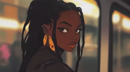 A striking black anime girl with intricate braids gazes over her shoulder, set against a vibrant urban backdrop. This 4K Ultra HD image serves as a captivating desktop wallpaper.