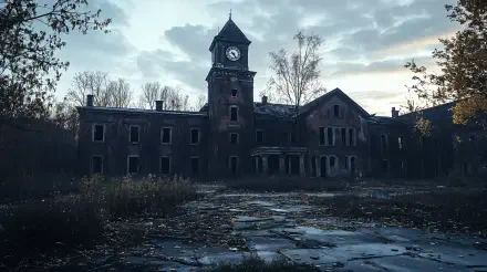 An abandoned building with a clock tower, surrounded by overgrown vegetation and cracked pavement, captures a haunting atmosphere in this 4K Ultra HD desktop wallpaper.