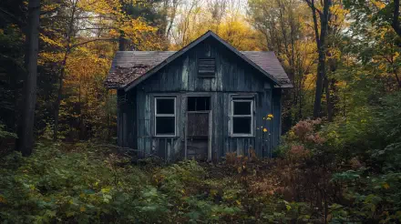 An abandoned building stands in a forest surrounded by autumn foliage, captured in stunning 4K Ultra HD, offering a hauntingly beautiful desktop wallpaper.