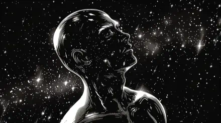 A striking artistic depiction of a man gazing upward, embodying humanity and the soul against a backdrop of stars, perfect for a 4K Ultra HD desktop wallpaper.