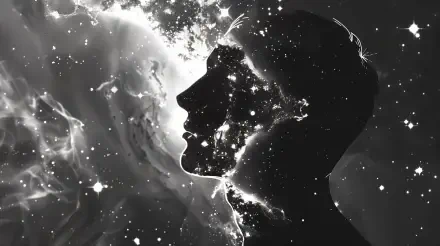 A striking 4K Ultra HD image depicting a silhouette of a man against a cosmic background, symbolizing the connection between humanity and the soul amidst a starry universe.