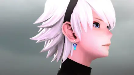 A character from the video game FANTASIAN Neo Dimension, featuring a side profile with white hair and blue earrings, set against a soft gray background. 4K Ultra HD quality.