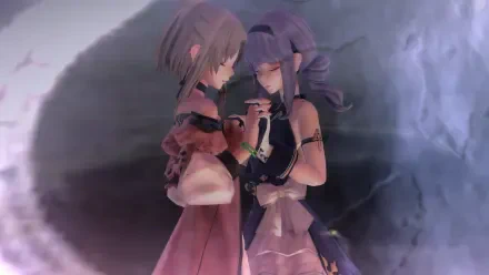 An enchanting scene from FANTASIAN Neo Dimension, featuring two characters in soft hues, captured in a 4K Ultra HD desktop wallpaper. A moment of connection and intimacy is highlighted.