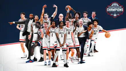 A triumphant UConn basketball team celebrates their NCAA championship victory, showcasing their unity and spirit in this vibrant HD desktop wallpaper.