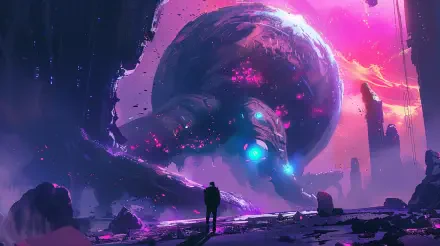 A vivid sci-fi scene featuring a majestic alien structure looming over a lone figure, set against a striking cosmic backdrop in this 4K Ultra HD desktop wallpaper.