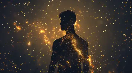 A silhouette of a man against a backdrop of shimmering stars and galaxies, embodying artistic expression and the essence of humanity in a striking 4K Ultra HD image.