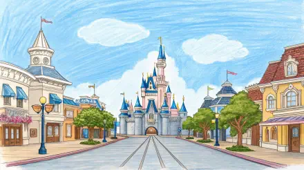 A vibrant illustration of Disneyland featuring the iconic castle, surrounded by charming buildings and trees, set against a bright blue sky. Perfect for a 4K Ultra HD desktop wallpaper.