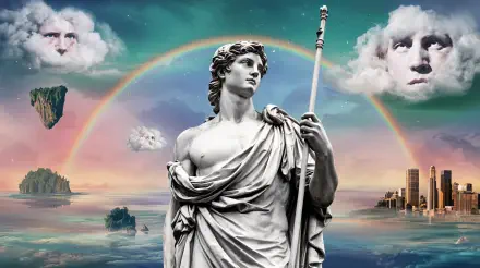 A striking Greek statue stands prominently, holding a staff, surrounded by a vibrant sky with clouds and a rainbow, set against a surreal landscape. A stunning 4K Ultra HD wallpaper.
