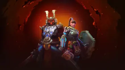 A striking HD wallpaper featuring cyberpunk samurai characters from Corepunk, set against a dramatic red and black backdrop.