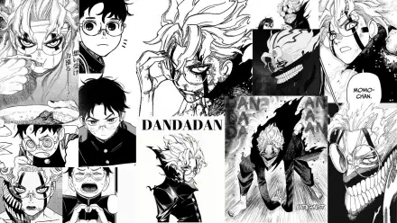A HD PC desktop wallpaper featuring black-and-white manga panels from the anime Dandadan, showcasing characters with intense expressions and dynamic poses in Ken Takakura’s art style.